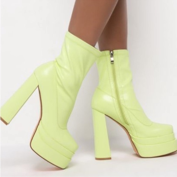 AZALEA WANG — Bold Neon Lime Platform Boots • High Block Heel, Retro 70’s Vibes - Picture 10 of 13